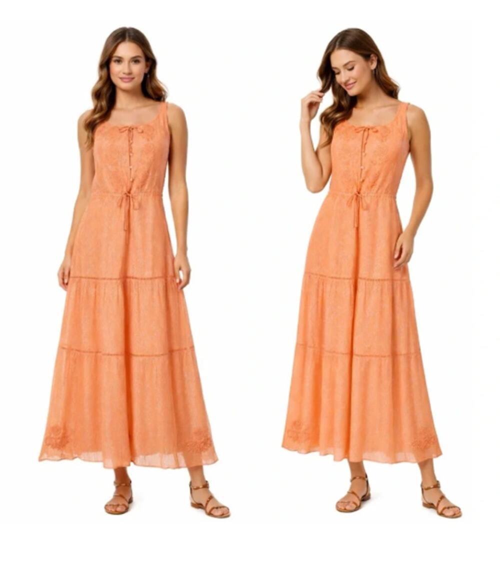 Lulus Embroidered Floral Boho Cottagecore Maxi Dress in Coral Medium Orange
